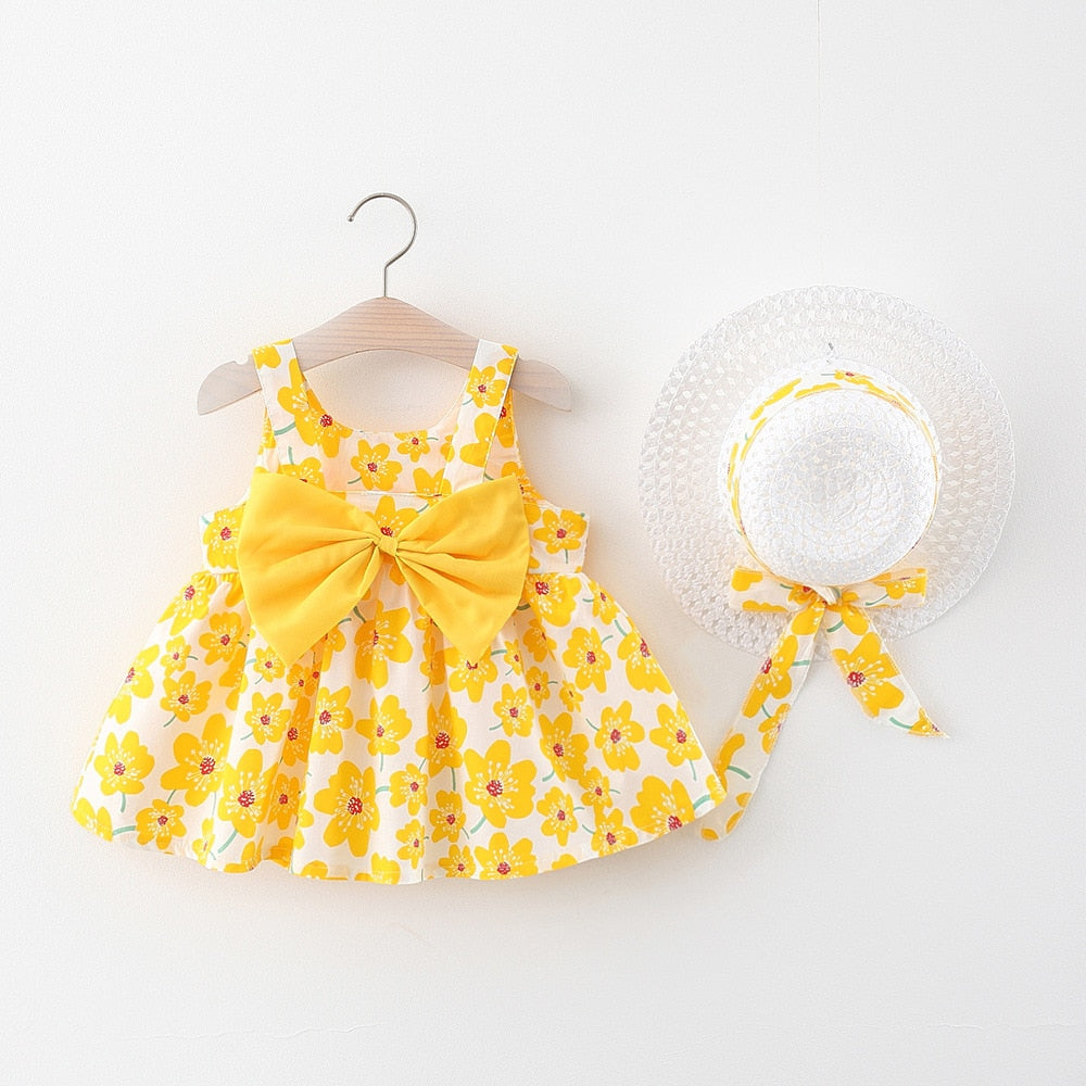Baby Girl Floral Bow Sling Dress with Hat childrensterritory