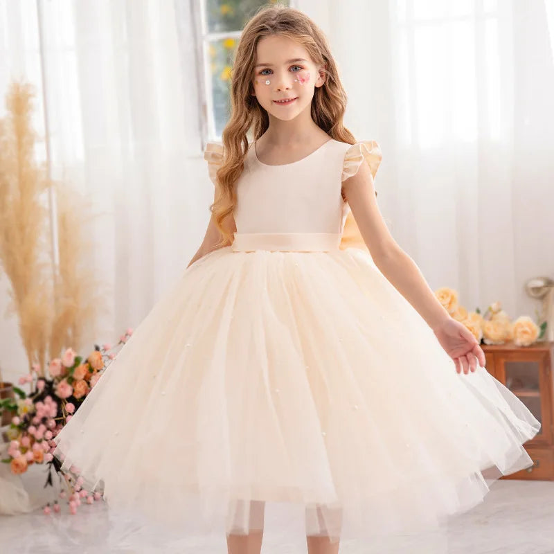 Kids Girls Big Bow Design Tulle Princess Dresses for Summer childrensterritory