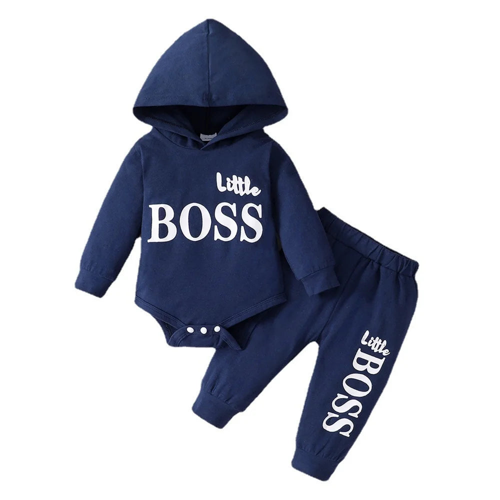"Little Boss" Print Baby Boy Hooded Clothing Set