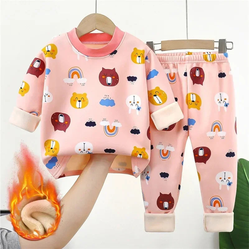 Baby/Kids Thick Warm Cartoon Print Pajamas Set