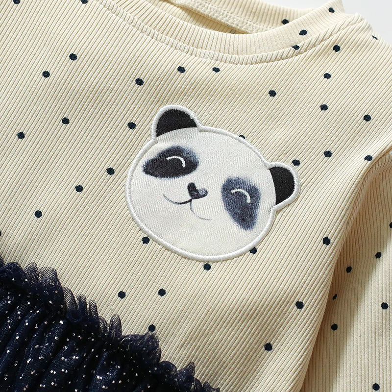 Girls Long-Sleeved Panda Cartoon Design Casual Dresses childrensterritory