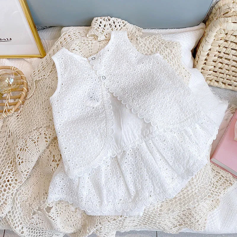 Hollow Lace Casual Sleeveless T-Shirt+Shorts Toddler Clothing Sets childrensterritory