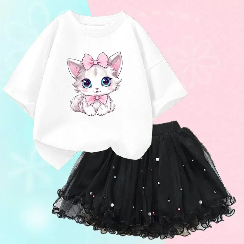 Little Girls Cute Cartoon Print T-Shirt & Mesh Tutu Skirt Outfits