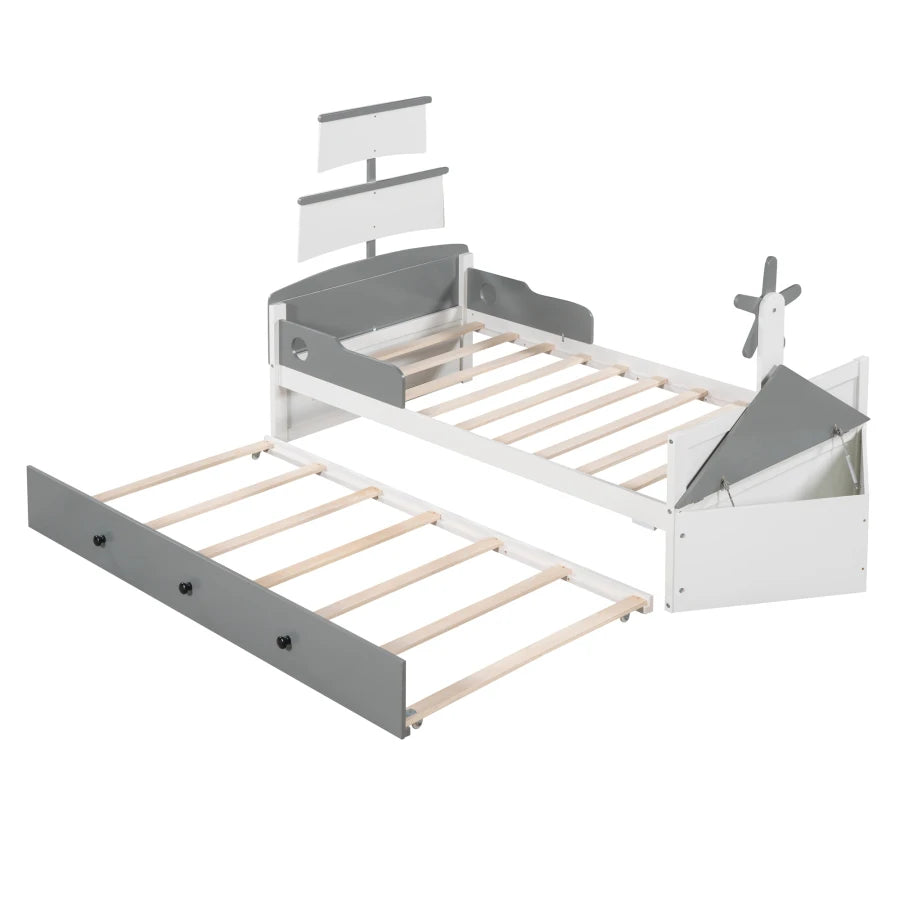 Boat-shaped Platform Bed with a Trundle, and Two Nightstands childrensterritory