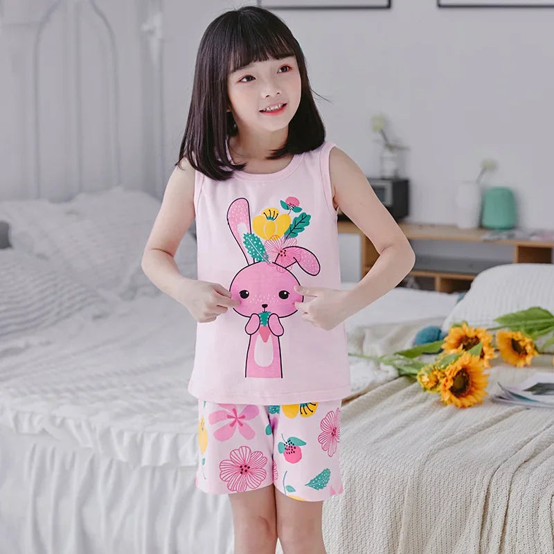 Kid Boy Girl Cartoon Design Sleeveless Cotton Vest and Pajamas Sets childrensterritory