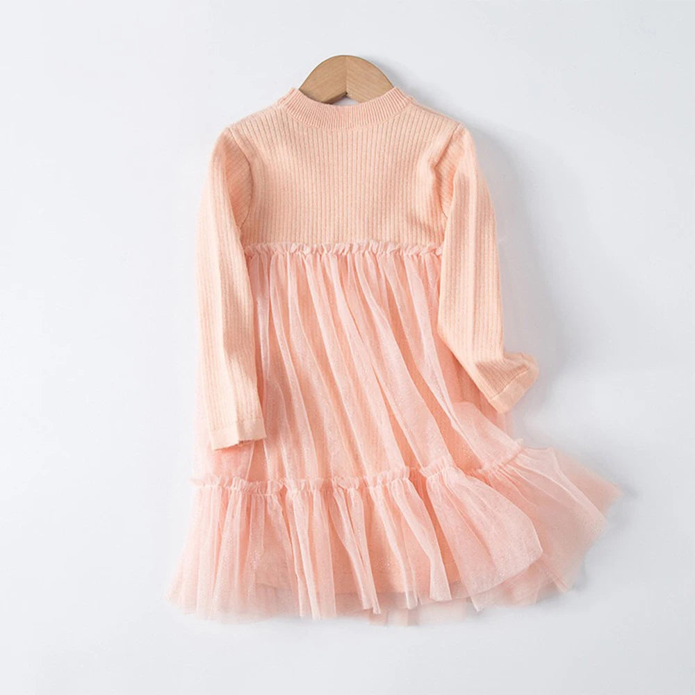 Knitted Mesh Splice Dresses for Little Girls with Round Neck childrensterritory