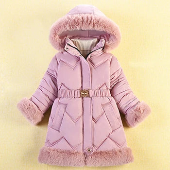 Kids Girls Warm Fur Hooded Long Coat/Jacket