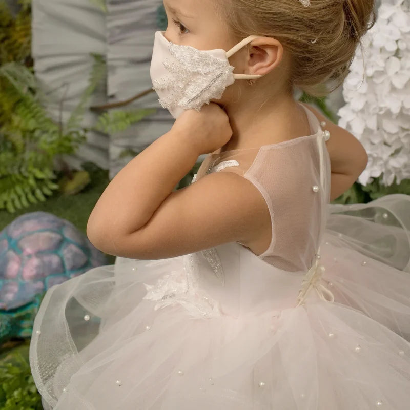 Glitter Decoration Sheer Neck Design Ivory Puffy Little Girls Dresses