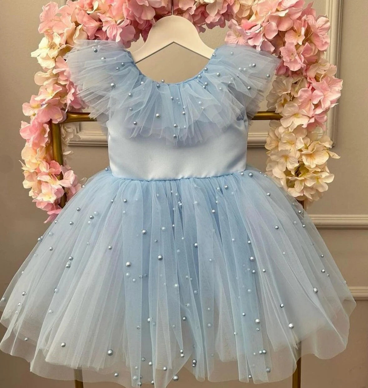 Pearls Design Cute Tulle Gown with Big Bow for Infant Girls