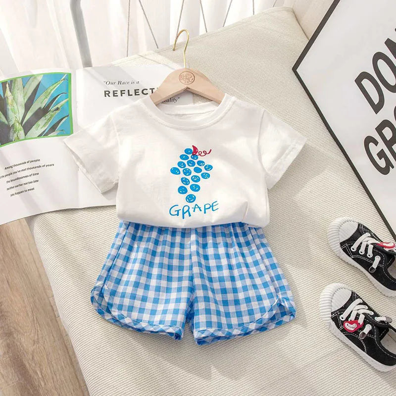 2Pcs Baby Girls Short Sleeved Tees and Plaid Shorts Outfit Set childrensterritory