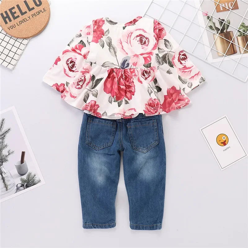 Baby Girl Floral Ruffle Tops+Pants 2pcs Outfit Set