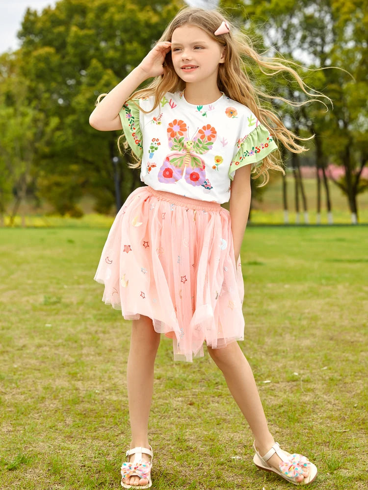 Cartoon Print Kids Girls T-shirt and Layered Skirt Set childrensterritory