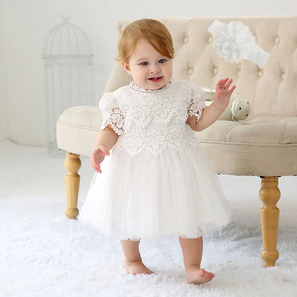Little Girls Bow Lace Design White Baptism/Bridesmaid Dresses