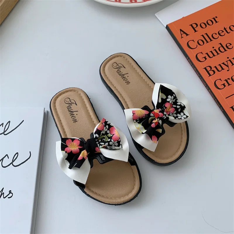 Open-toe Bow Decor Casual Kids Girls Slippers for Indoor/Outdoor
