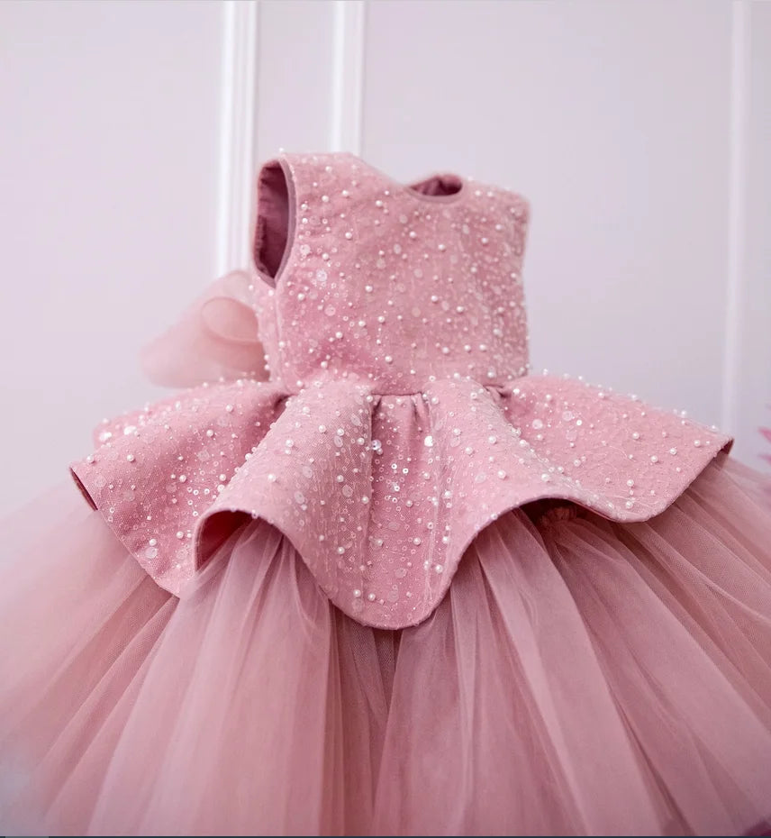 Girls Sleeveless Bow Flower Design Birthday Party Dresses childrensterritory