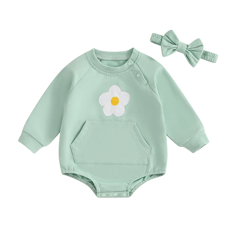 Flower Print Baby Girls Romper with Bowknot Headband
