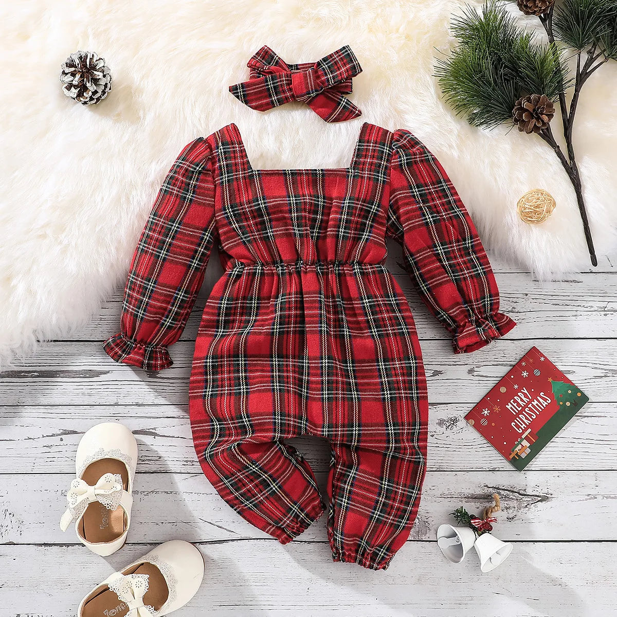 Baby Girls Long Sleeves Plaid Jumpsuit for New Year