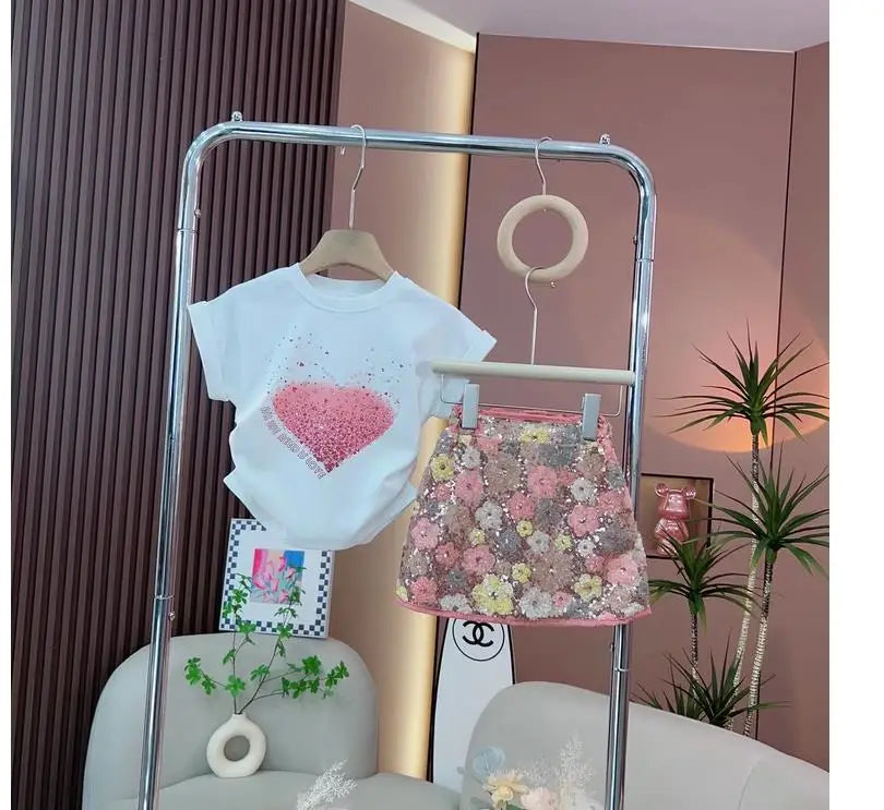 Kids Girls Floral Wrap-Hip Dress with a Heart Sequin T-shirt childrensterritory