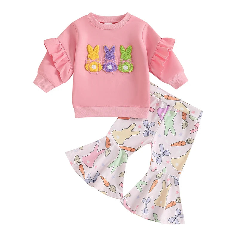 Toddler Girl Bunny Embroidery 2 Pieces Easter Outfit Set childrensterritory