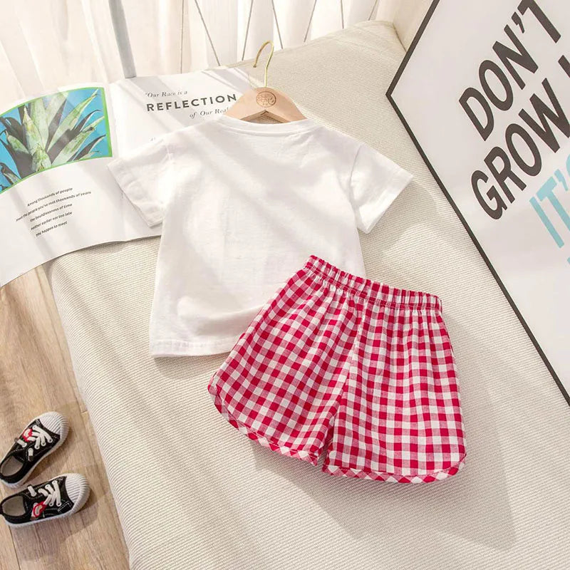 2Pcs Baby Girls Short Sleeved Tees and Plaid Shorts Outfit Set childrensterritory