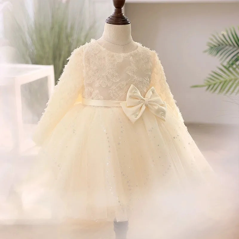 Toddler Girl Elegant Lace Bow Design Baptism Dress