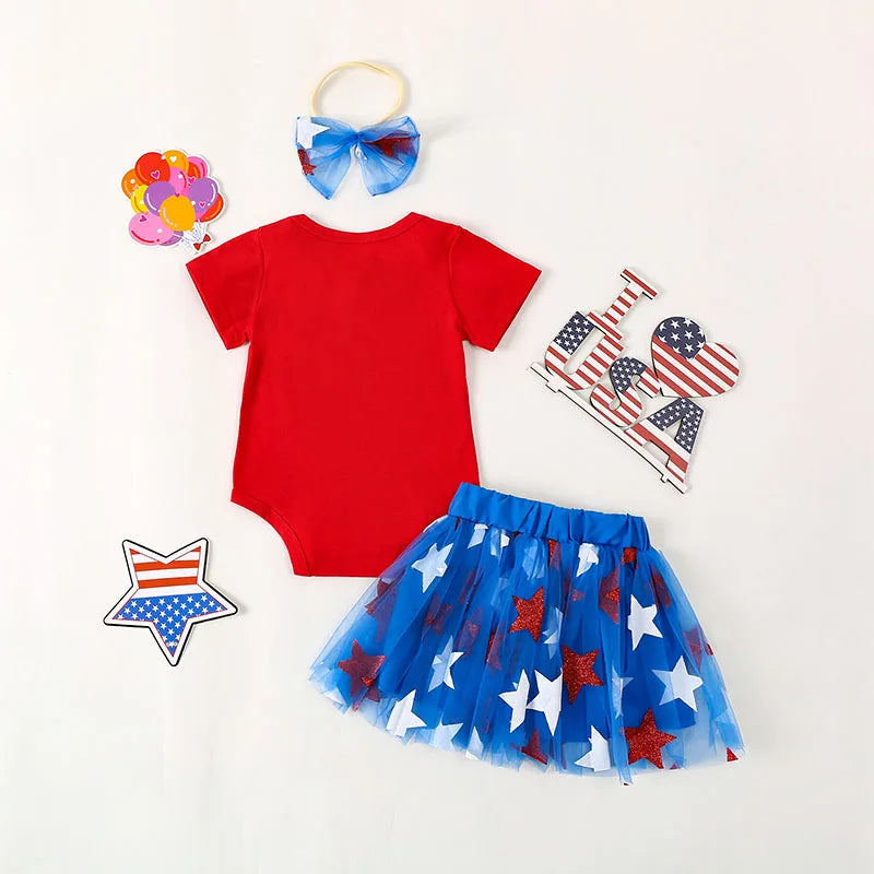 Letter Print Independence Day Infant Girl Outfit Set