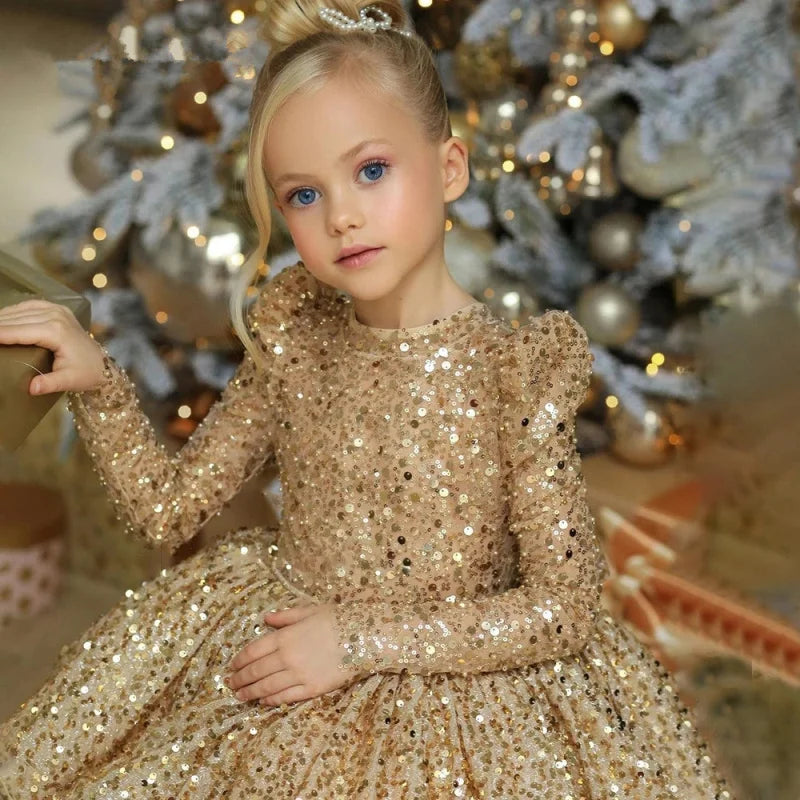 Sequin Glod Glitter Flower Girl Dress for Wedding Party