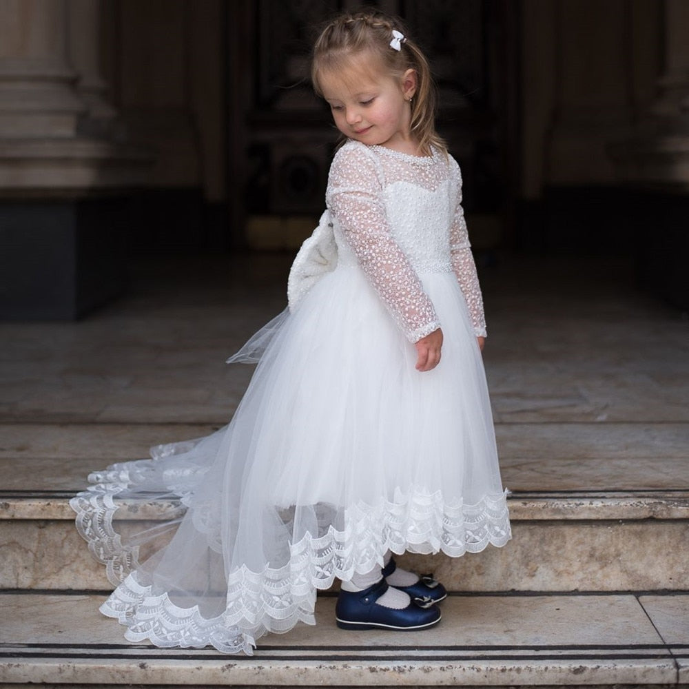 White Lace Girls Tulle Big Bow Princess Dress for First Communion childrensterritory
