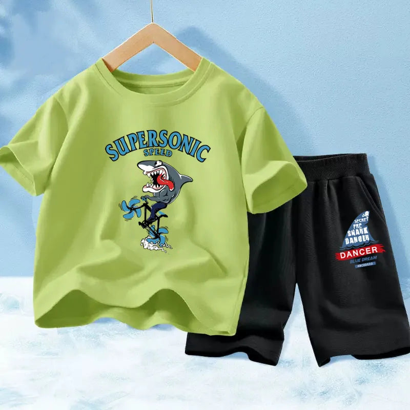 Kids Boy Funny Shark Print T-Shirts and Half Pants Set childrensterritory