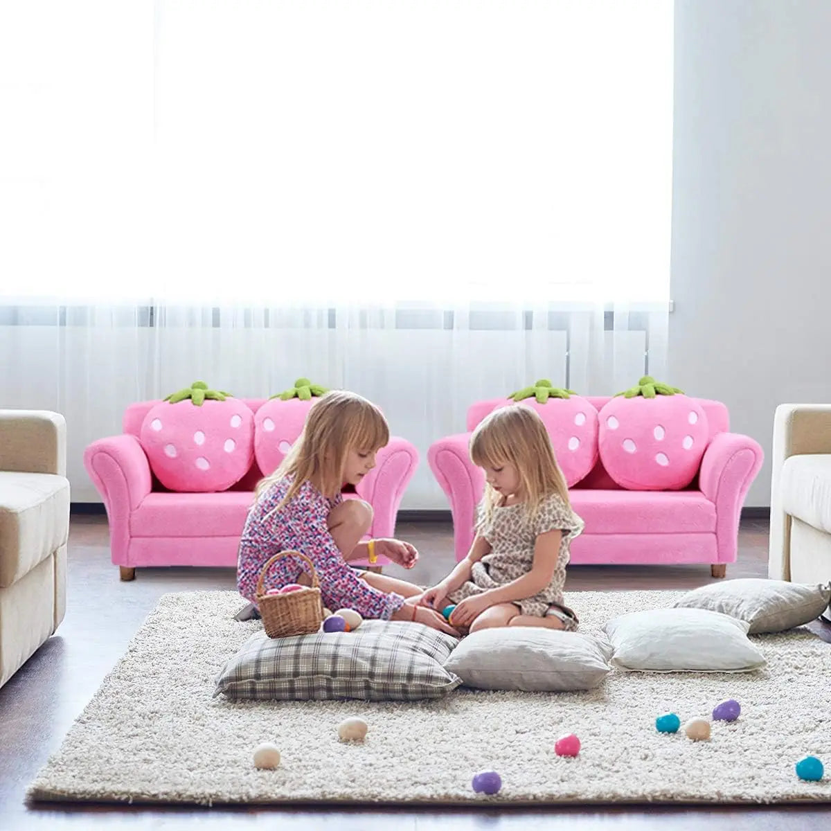 Upholstered Two-seater Toddler Sofa with Strawberry Pillows