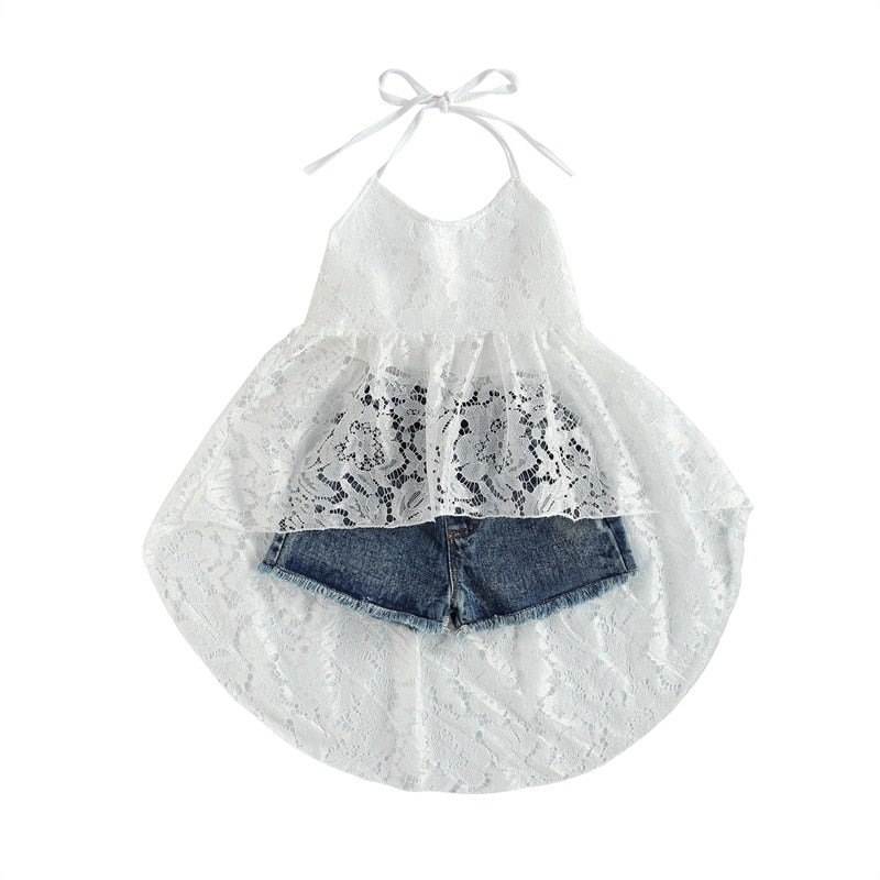 Kids Girls Sleeveless Halter Top + Denim Shorts Set childrensterritory