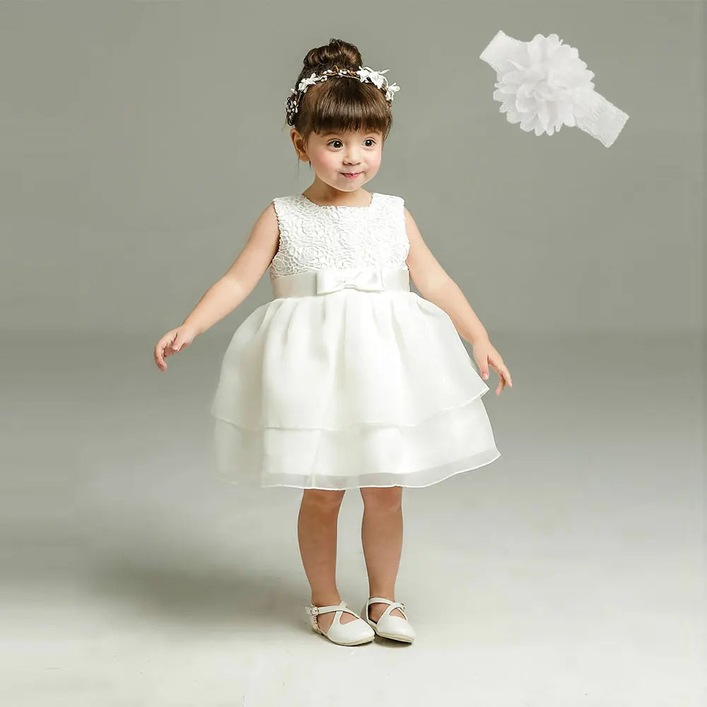 Little Girls Bow Lace Design White Baptism/Bridesmaid Dresses