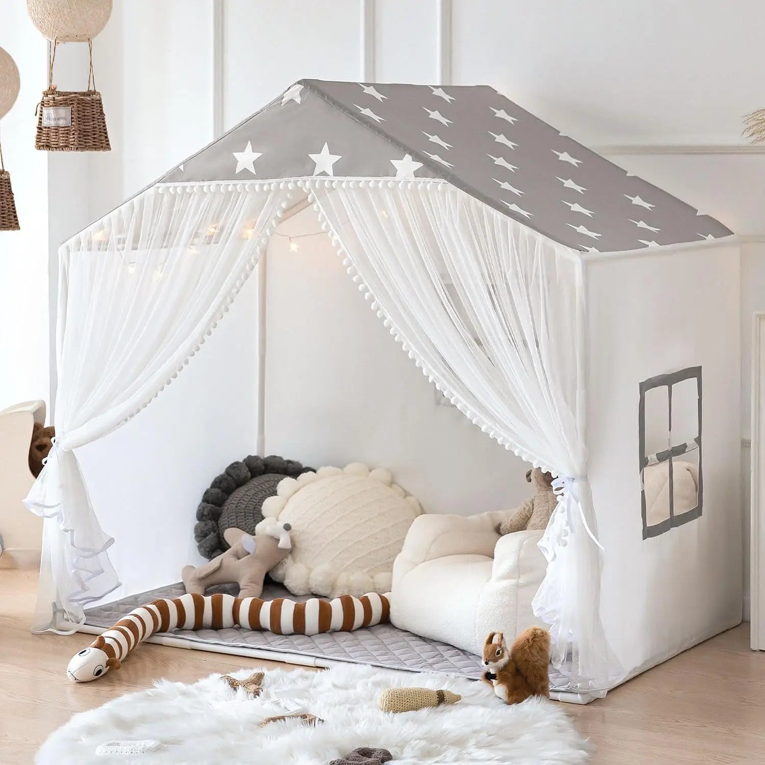 Large Playhouse Tent with Pompoms Door Curtains childrensterritory