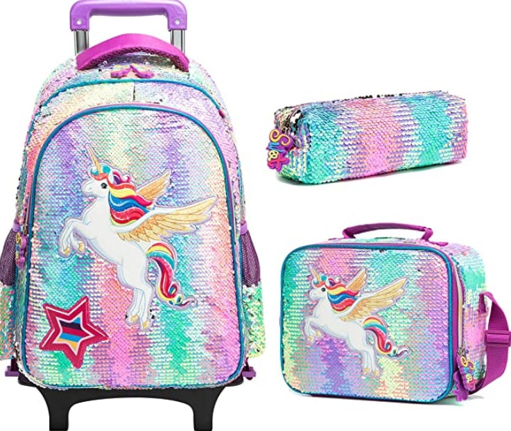 Cartoon Letter Print 16-Inch 3-Piece Set of Kids School Trolley Backpack childrensterritory