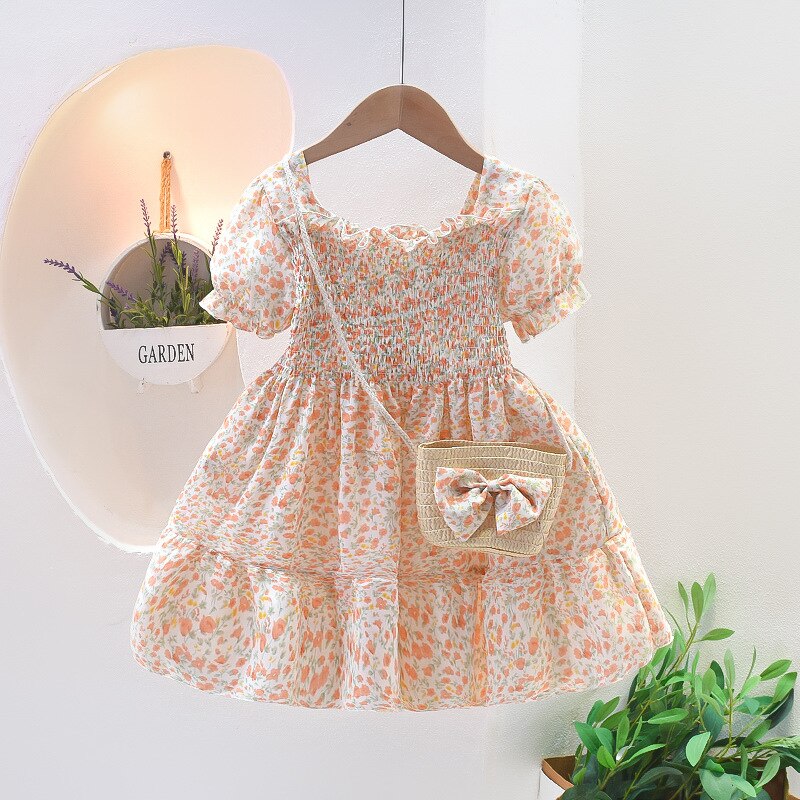 Kids Girls Floral Summer Princess Dress with Sling Bag childrensterritory