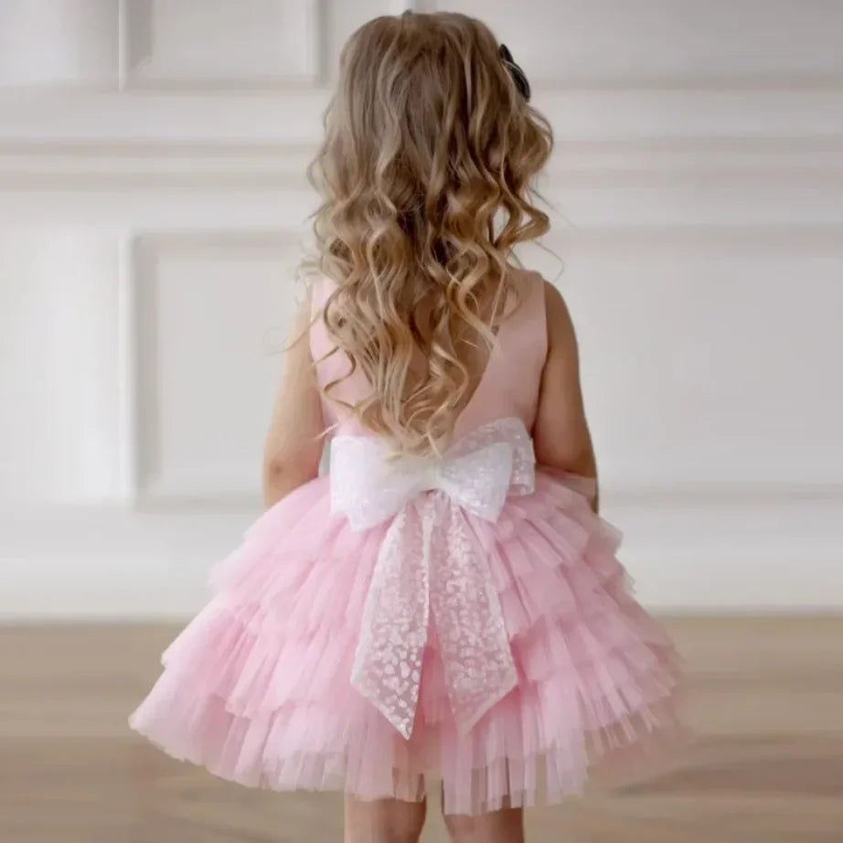 Puffy Pink Layers Skirt Wedding Party Dress for Kids Girls