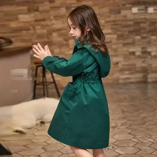 Kids Girls Long Hooded Windbreaker Trench Coats