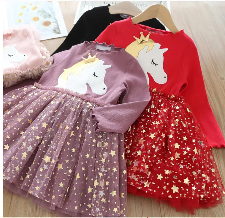 Sequin Unicorn Design Kids Girls Princess Party Dresses childrensterritory