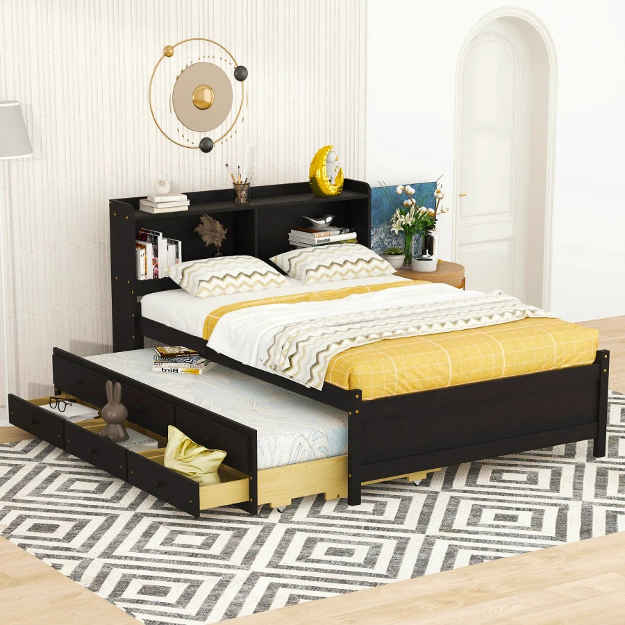 Full-size LED Bed with USB, Trundle and 3 Storage Drawers childrensterritory