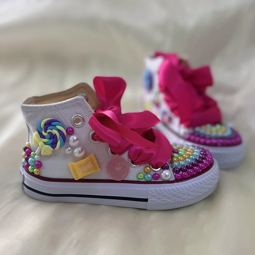 Kids Girls Pink Sparkle Gold Rhinestones Canvas Sneakers