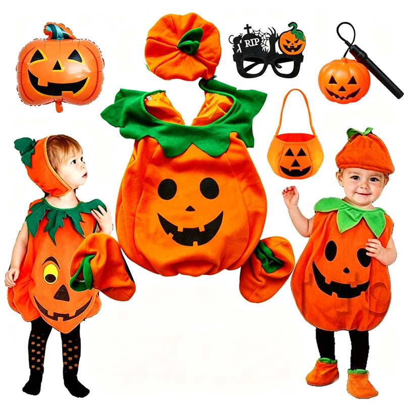 Kids Girls Fancy Cosplay Dresses for Halloween with Pumpkin Bag