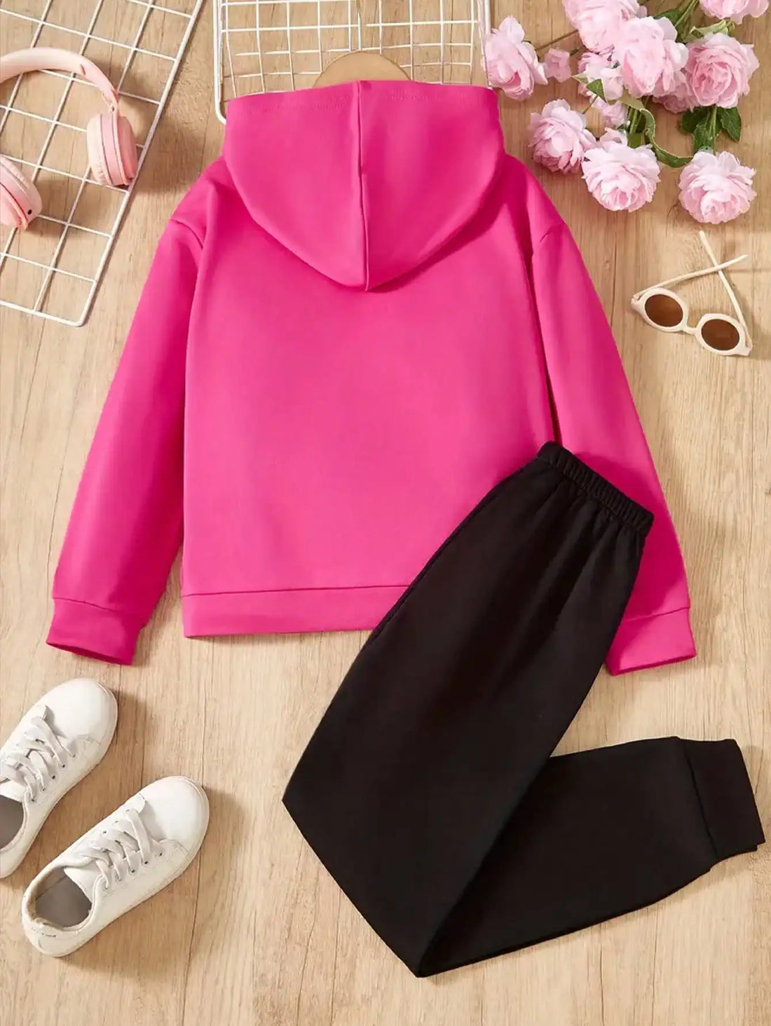 Kids Girls Heart Print Pink Cotton Hoodie and Legging Sets for Autumn
