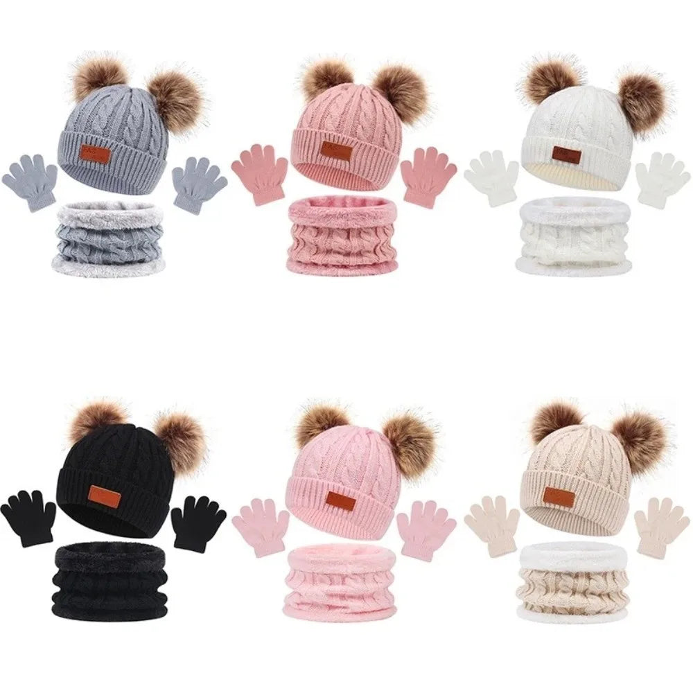Toddler 3Pcs Cute Pompom Knitted Hats Scarf Gloves Set