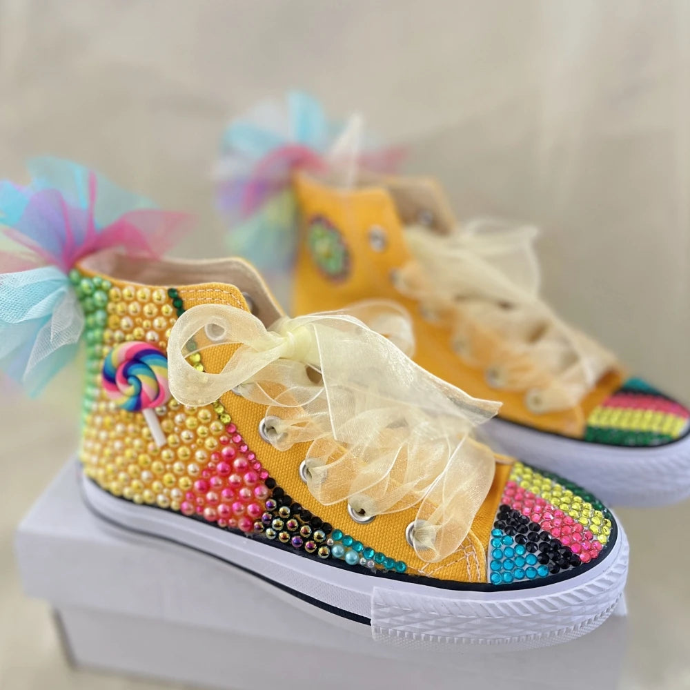 Kids Girls Pink Sparkle Gold Rhinestones Canvas Sneakers