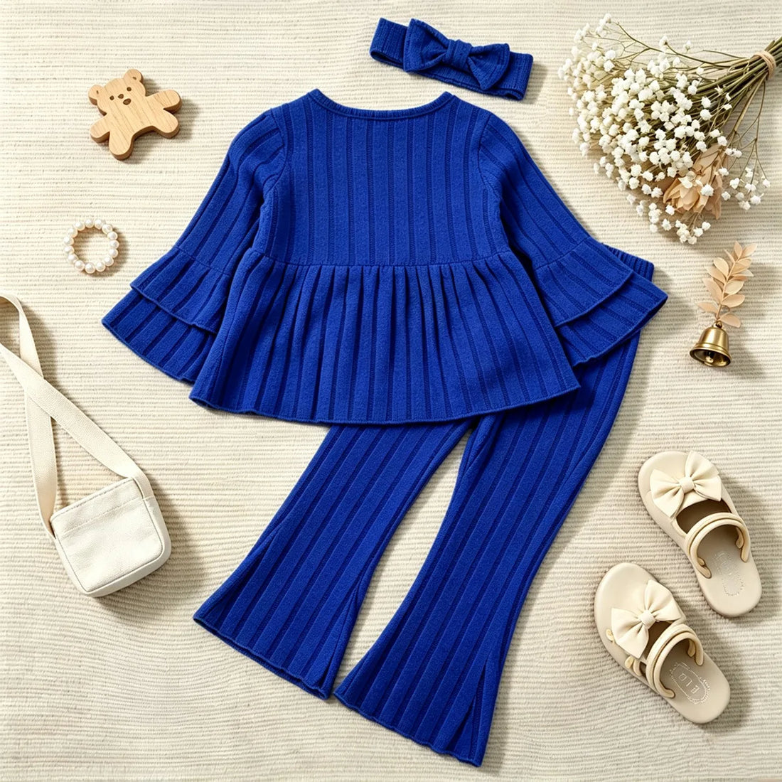 Little Girls Pleated Hem Top and Pants Set with Bow Decoration