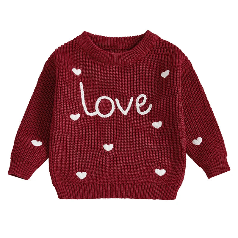 Baby Girl Heart Print Crew Neck Knitted Sweaters childrensterritory