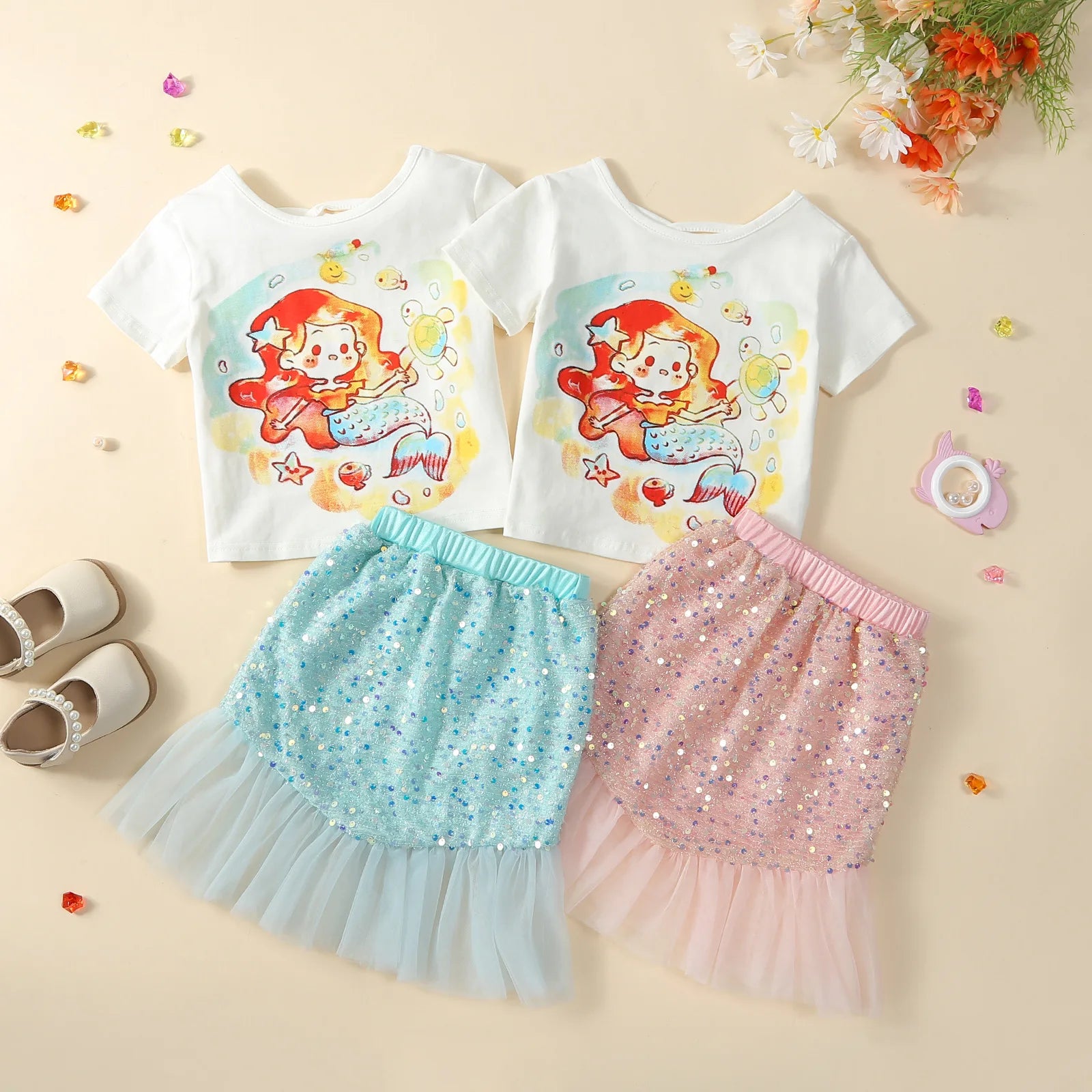 Baby/Kids Girls Cartoon Mermaid Top and Sequined Fishtail Skirt Set childrensterritory
