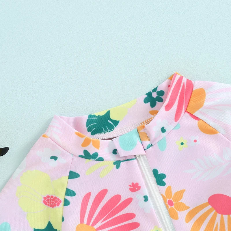 Short Sleeve Floral Print Kids Girls Rash Guard Swimsuit
