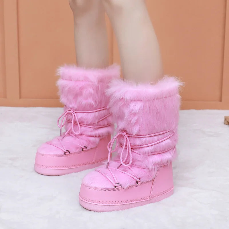 Fluffy Faux Fur Middle Calf Platform Snow Boots for Women