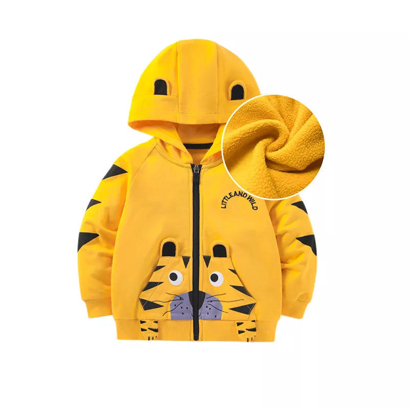 Kids Boys Girls Tiger Dino Print Fleece Hooded Jackets childrensterritory